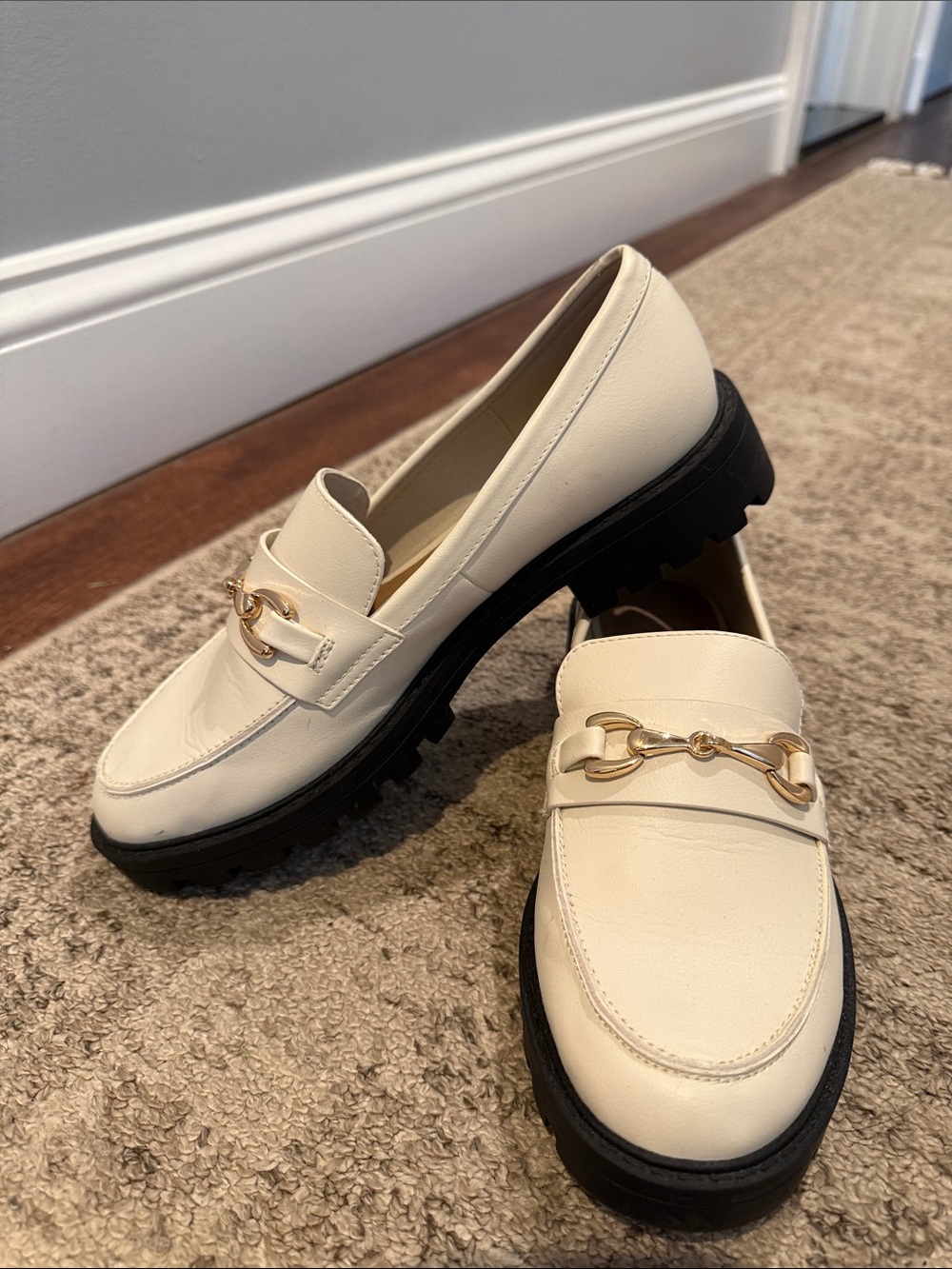 LOFT Cream Leather Lug Sole Loafers with Gold Chain